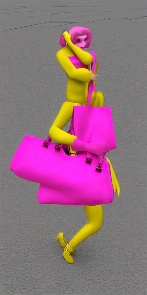 Prompt: 3d glitched malice yellow doll carrying a pink fashion bag in a street city psx rendered early 90s net art n64