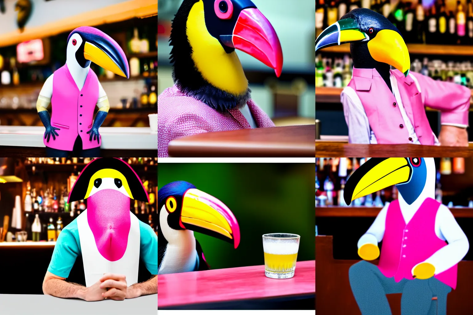 Prompt: hyper realistic toucan-headed man wearing a pink vest and a white shirt sitting at a bar, 4k, Cannon 200mm