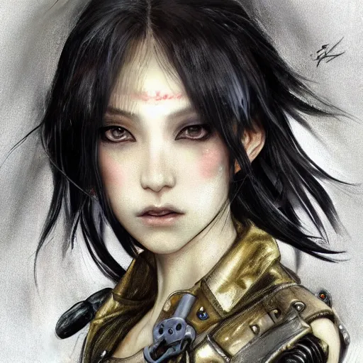 Image similar to portrait of a girl by ayami kojima, mixture between japanese and russian, she is about 2 0 years old, messy black bob hair, very tall and slender, she is wearing a steampunk tactical gear, highly detailed portrait, digital painting, artstation, concept art, smooth, sharp foccus ilustration, artstation hq