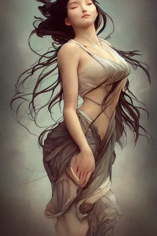 Image similar to full body windy hair zero gravity seductive meditation goddess in the style of artgerm, wlop, greg rutkowski, alphonse mucha and ayami kojima, realistic details, volumetric lighting, very very very very beautiful symmetrical face, trending on artstation, artstationhd, artstationhq, unreal engine, 4 k, 8 k