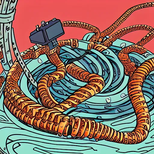 Prompt: detailed, intricate, colour, comic style illustration of a robotic hydra with jack cable tentacles, inside a huge cave made of pro audio equipment