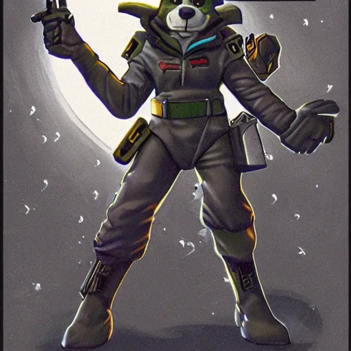 Prompt: 1 9 8 0 s video game art of anthropomorphic wolf o'donnell from starfox fursona furry wolf in a dark space mercenary uniform, looking heroic, magazine scan, 8 0 s game box art, dark grey wolf o'donnell