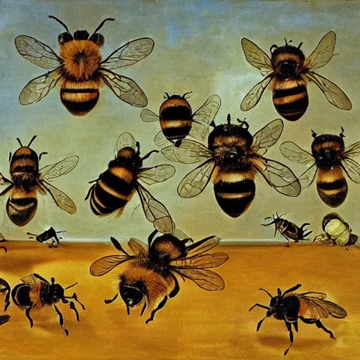 Image similar to when the bees attack, art by salvador dali, bosch, masterpiece