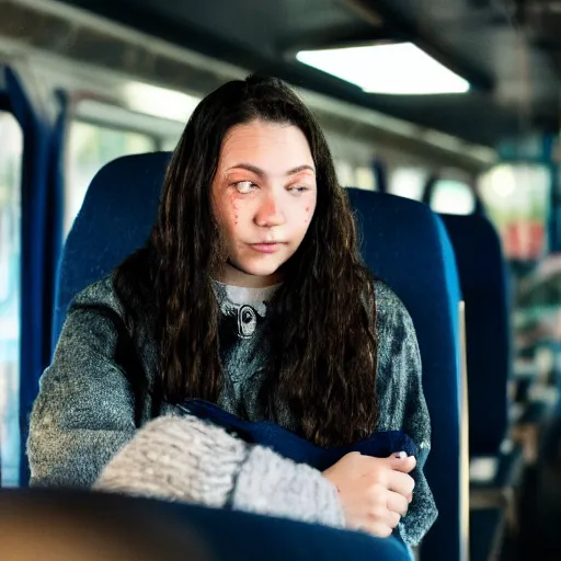 Image similar to a young woman, at her seat on a greyhound bus to find out where her love has been