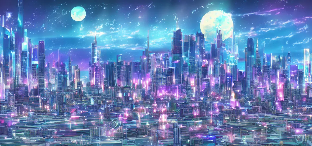 Image similar to The city of Crystal Tokyo from Sailor Moon, circa the year 2994, digital painting