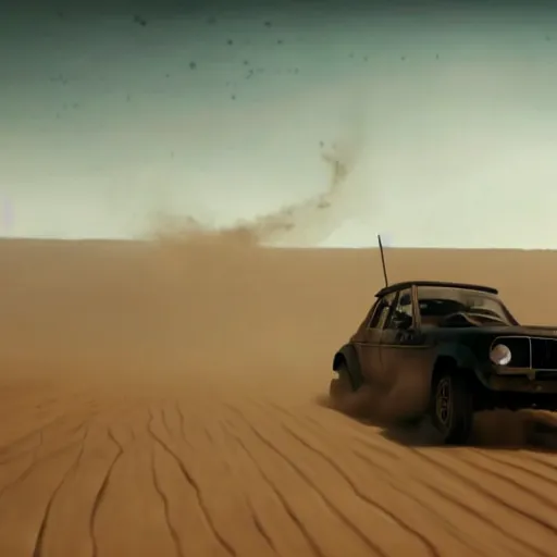 Image similar to A black car Yugo Koral 45 produced by Zastava is speeding through the post-apocalyptic dessert wasteland towards the camera, in the background a huge sand storm is raging, a movie still from Mad Max: Fury Road (2015), three-quarter shot from high angle, Oscar winning cinematography, 4k