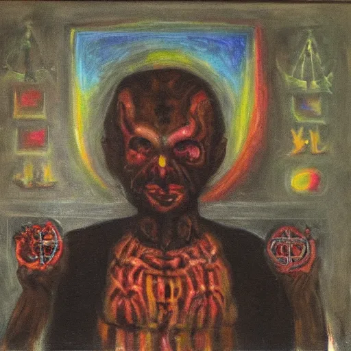 Image similar to portre of an autistic demon on acid, masonic and kabalistic symbols in background, oil painting