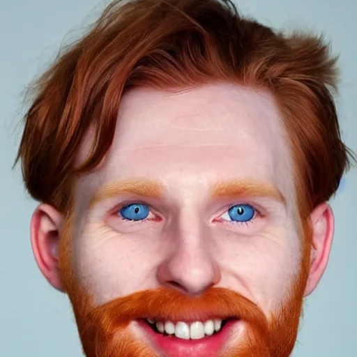 Prompt: handsome, very pale, smiling, 30 year old ginger man with short wavy hair, blue eyes, small nose, thin lips, white teeth, small ears, upper body photograph