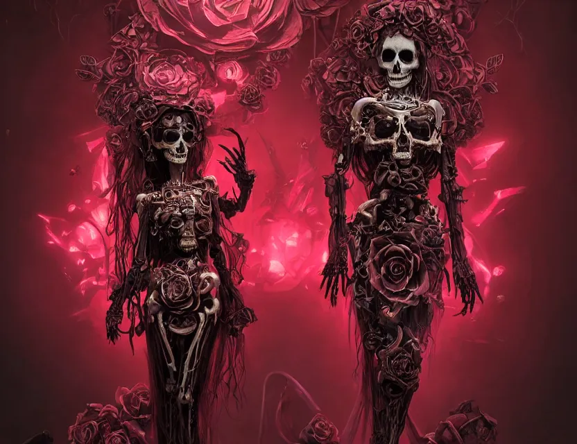 Image similar to a chaotic goddess of death skeleton as a heroine, intricate, elegant skull black rose s day of the dead atmospheric, dramatic, Trending on artstation. augmentations and cybernetic enhancements neon circuits, greg rutkowski , hyperrealist, cinema4D, 8k highly detailed