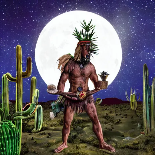 Image similar to single spartan in amazonian jungle surrounded by cactus with a shaman offering peyote with a camp fire on a full moon with stars