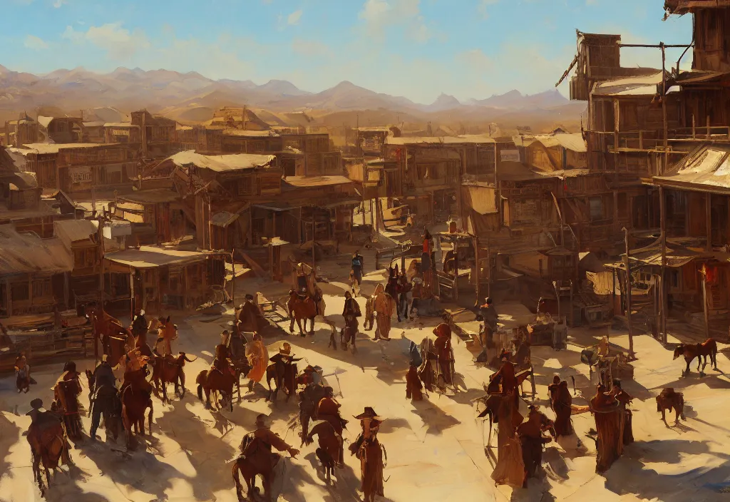 Prompt: greg manchess painting of a wild west town landscape with no person nor horse in the painting only buildings in the year 1 8 5 0, in winter, painting, trending on artstation, by huang guangjian and gil elvgren and sachin teng