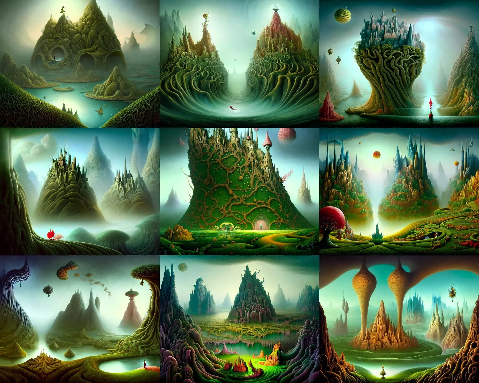 Prompt: a beguiling epic stunning beautiful and insanely detailed matte painting of fairytale dream worlds with surreal architecture designed by Heironymous Bosch, with mega structures inspired by Heironymous Bosch's Garden of Earthly Delights, vast surreal landscape and horizon by Cyril Rolando and Natalie Shau and Beksinski, masterpiece!!!, grand!, imaginative!!!, whimsical!!, epic scale, intricate details, sense of awe, elite, wonder, insanely complex, masterful composition!!!, sharp focus, fantasy realism, dramatic lighting