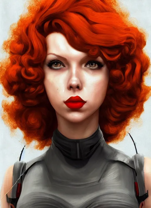 Image similar to biohazard portrait of black widow curly!!! orange!! hair girl bioshock, au naturel, hyper detailed, digital art, trending in artstation, cinematic lighting, studio quality, smooth render, unreal engine 5 rendered, octane rendered, art style by klimt and nixeu and ian sprigger and wlop and krenz cushart