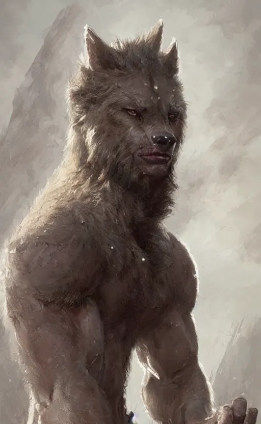 Image similar to hyperrealistic, Portrait of a rugged werewolf, male, muscular, detailed face, bare thighs!!!, simple clothing!!!!!, fantasy, medieval, highly detailed, cinematic lighting, digital art painting by greg rutkowski