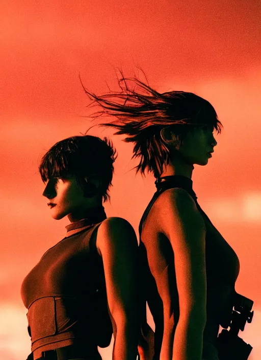 Image similar to cinestill 5 0 d photographic portrait of two loving female androids wearing rugged black cutout waist techwear on a desolate plain with a red sky, extreme closeup, modern cyberpunk, dust storm, 8 k, hd, high resolution, 3 5 mm, f / 3 2, ultra realistic faces, ex machina, blade runner