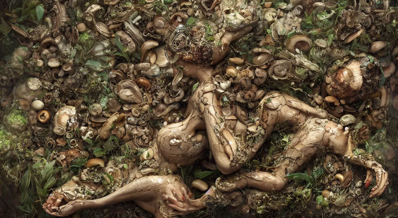 Image similar to a bio - mechanical sleeping giant woman with mushrooms as camouflage highly detailed, cinematic, perfect face, cyberpunk, fine details, studio lighting, subtle shadows, art by katsuya terada and hieronymus bosch, photo - realism, hyper realism, octane render