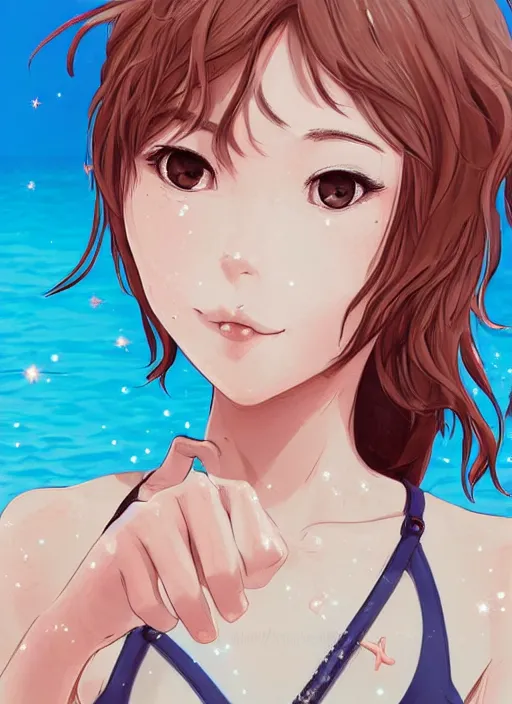 Image similar to girl at a beach holding up a peace sign, happy, beautiful, finely detailed, made by artgerm, full body portrait, illustration, sparkling water, shinny sand, sunny, anime, front view, perfect anime face, realistic face, zoomed out, smooth, blue eyes, high waisted shorts, sharp focus