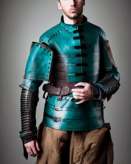 Prompt: an award - winning photo of a male model wearing a baggy teal distressed medieval menswear leather jacket slightly inspired by medieval armour designed by alexander mcqueen, 4 k, studio lighting, wide angle lens