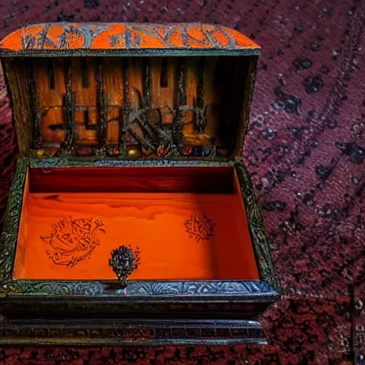 Image similar to a small arabesque carved wooden box with the lid open displaying a magic orange glowing orb inside. the box is sitting an old weathered wooden tabel top cluttered paper and magazines, hyper detail, dramatic lighting, art by samma van klaarbergen