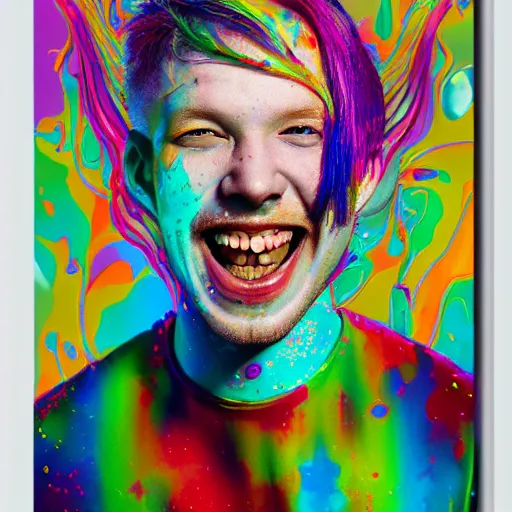 Prompt: a portrait of a laughing man with ginger hair, by ross tran, psychedelic, rainbow, swirling splattered colors, otherworldly, abstract, cubism