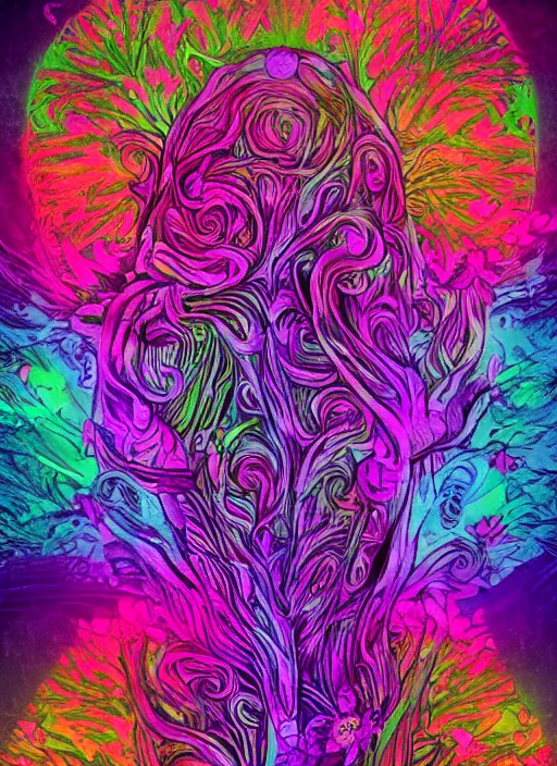 Image similar to a psychedelic totem made of trees and multicolor flowers, fulcolor octane remder, cinematic