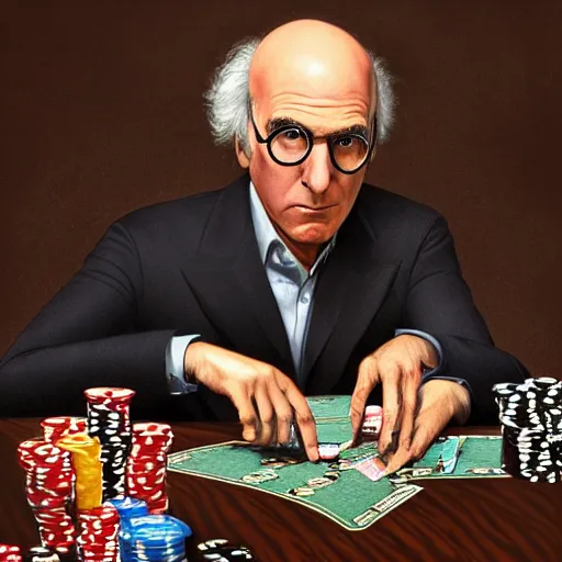 Image similar to larry david playing poker while wearing a batman costume and tripping on lsd, money, poker, cards, larry david, curb, elegant, intricate, digital painting, artstation, concept art, smooth, sharp focus, illustration, art by artgerm and greg rutkowski and alphonse mucha