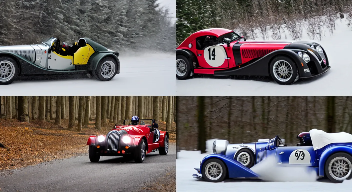 Prompt: a 2 0 1 0 morgan aero supersports, racing through a rally stage in a snowy forest