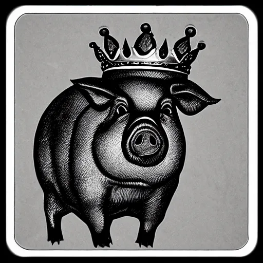 Image similar to pig in crown in style of Micah Ulrich, black and white
