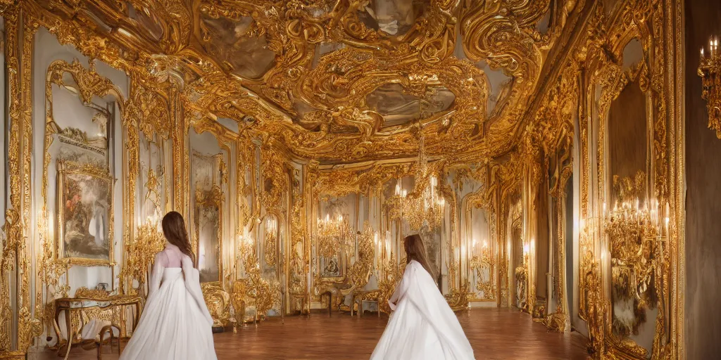 Prompt: highly detailed medium shot photo of a a long flowery hair princess walking in a baroque dreamy room full of renaissance furniture, cinematic lighting, intricate, 4k resolution, elegant