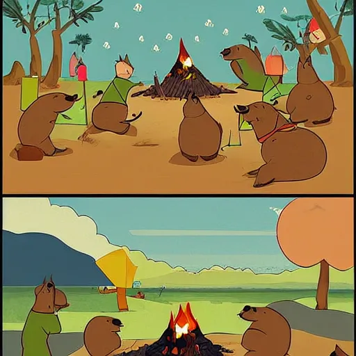 Image similar to capybaras camping on the seaside and one is playing guitar around the fire by yuga labs and by pendleton ward