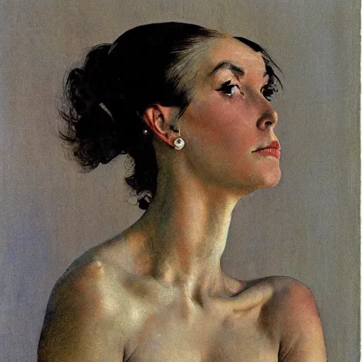 Image similar to A frontal portrait of a delicate, muscular and exhausted woman, by Norman Rockwell and Robert McGinnis.