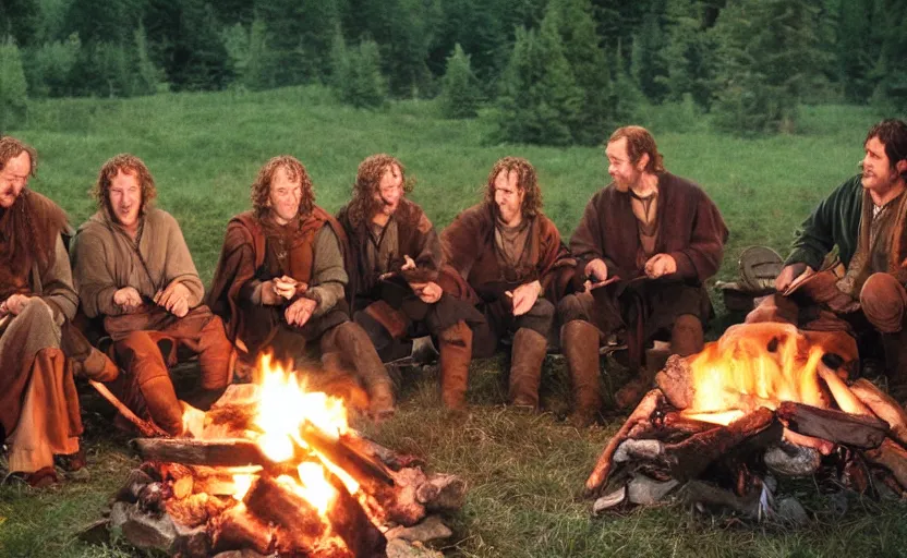 Image similar to the fellowship of the ring making s'mores around a campfire