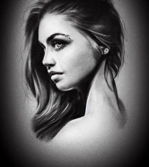 Prompt: tattoo design sketch of a beautiful woman face with a faded background of beautiful mountains on her side, hyper - realistic, double exposure effect, in the style of den yakovlev, amazing detail, black and white, faded