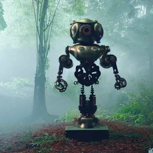 Prompt: Steampunk transcendental Robot in a forest with realistic fog, bloom, raytracing, trending on Unreal Engine 5, stunning, award winning photo