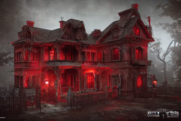 Prompt: a red dark haunted house, intricate details, by greg rutowski, 8 k, octane render, high resolution