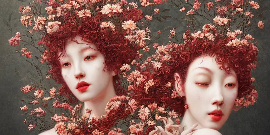 Image similar to breathtaking detailed concept art painting art deco pattern of red short curly hair faces goddesses amalmation flowers with anxious piercing eyes and blend of flowers and birds, by hsiao - ron cheng and john james audubon, bizarre compositions, exquisite detail, extremely moody lighting, 8 k