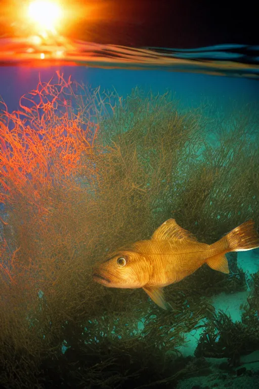 Prompt: beautiful photo of a cod swimming amongst seagrass underwater in clear water. sunset.