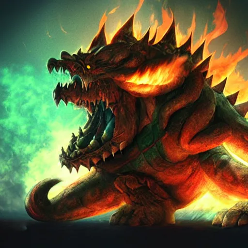 Prompt: https://i.ibb.co/7GjXpG9/evil-giga-bowser-by-bigboss0007-de3sr14-fullview.jpg GigaBowser Demon roaring into the sky breathing fire, muscular arms, standing upright, talons, horns, super Mario, horror, silent Hill landscape, highly detailed, ruined kingdom, Masahiro Ito