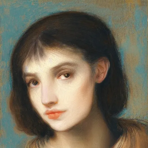Prompt: painting of a young adult woman face with small blue eyes big brown browns long lashes high cheekbones and sharp jawline small plump lips straight nose white skin long bangs brown hair by rembrandt