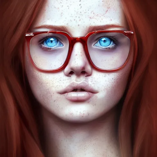 Prompt: beautiful young woman, blue eyes, long red hair, freckles, glasses, digital painting, extremely detailed, 4k, intricate, brush strokes, Mark Arian, Artgerm, Bastien Lecouffe-Deharme