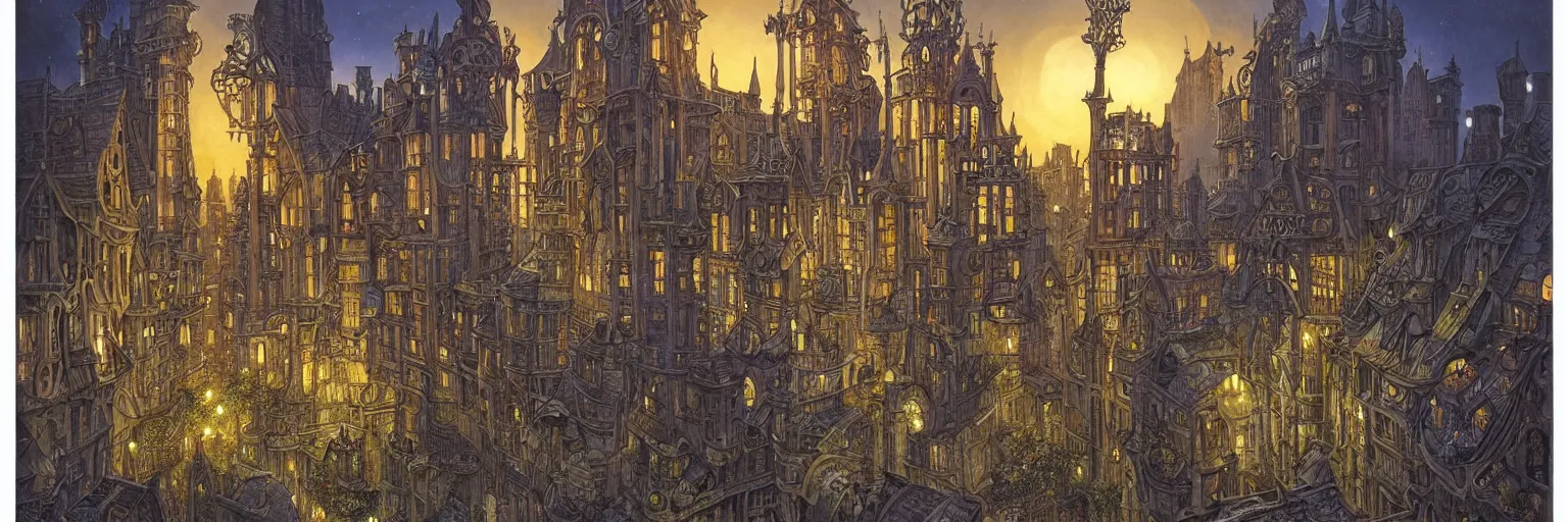 Prompt: an ancient medieval cityscape with art nouveau architecture at night by rodney matthews, michael whelan and michael kaluta