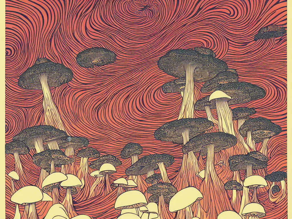 Image similar to My friends and brothers had taken some psychedelic mushrooms and were tripping, flat design, screen print by Kawase Hasui, jeffrey smith and rlon wang