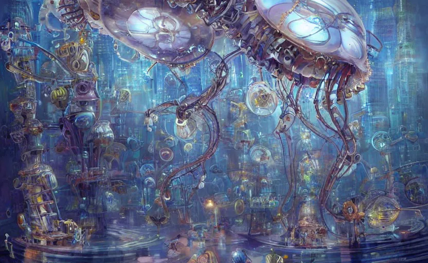 Image similar to Cyborg biomechanical jellyfish city. By Konstantin Razumov, highly detailded