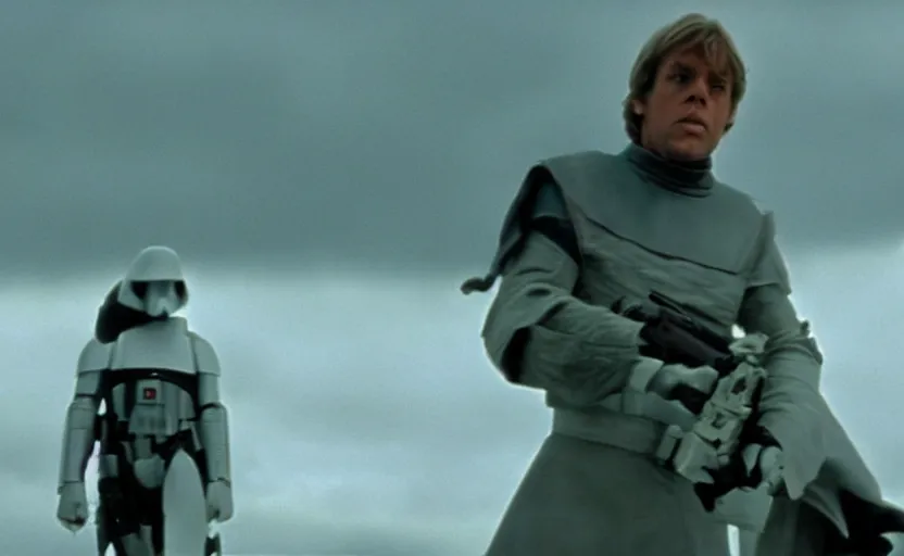 Prompt: screenshot of the epic scene featuring Luke Skywalker in grey body armor, iconic scene from 1980s film by Stanley Kubrick, 4k, cinematic still frame, surreal sci fi architecture, portrait photoreal, detailed face, moody lighting, stunning cinematography, hyper detailed, sharp, anamorphic lenses, kodak color film stock