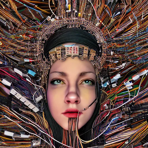 Image similar to deeper into the metaverse we go, piles of modular synth cables mixed with roots, puerto rican goddess swimming up wearing a headpiece made of circuit boards, by cameron gray, wlop, stanley kubrick, masamune, hideki anno, jamie hewlett, unique perspective, trending on artstation, 3 d render, vivid