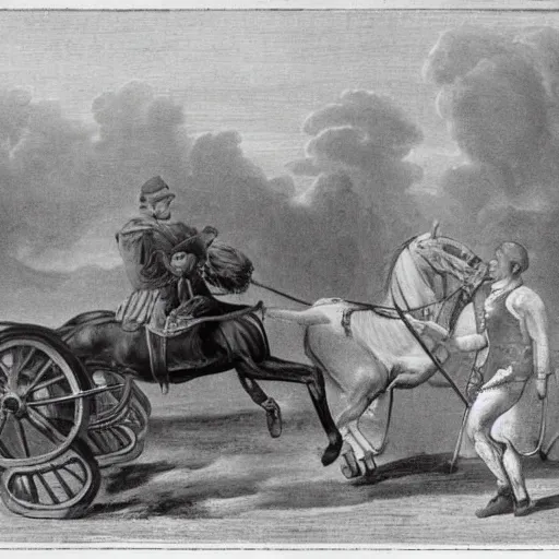 Image similar to a horse pulling a big canon behind his him. the canon is harnessed to the horse and towed