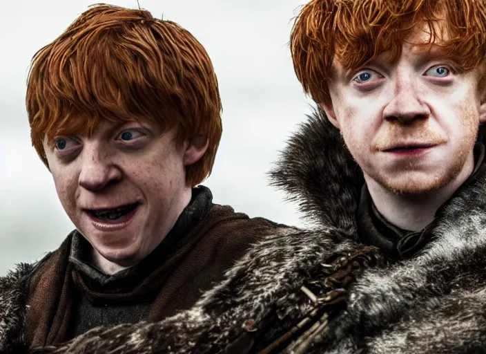 Image similar to ron weasley as thehnellor in game of thrones, rupert grint as thehnellor in game of thrones, handsome portrait of the actor, live action film, cinematic photo, clear hd image