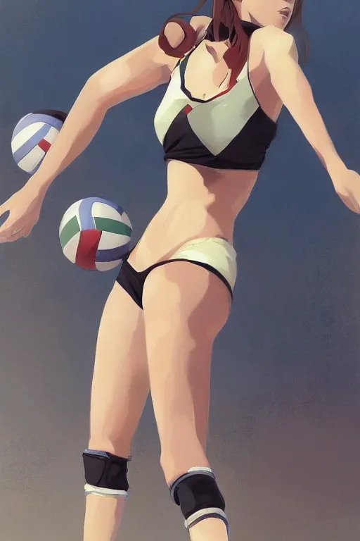 Image similar to A ultradetailed beautiful panting of a stylish woman playing volleyball, Oil painting, by Ilya Kuvshinov, Greg Rutkowski and Makoto Shinkai