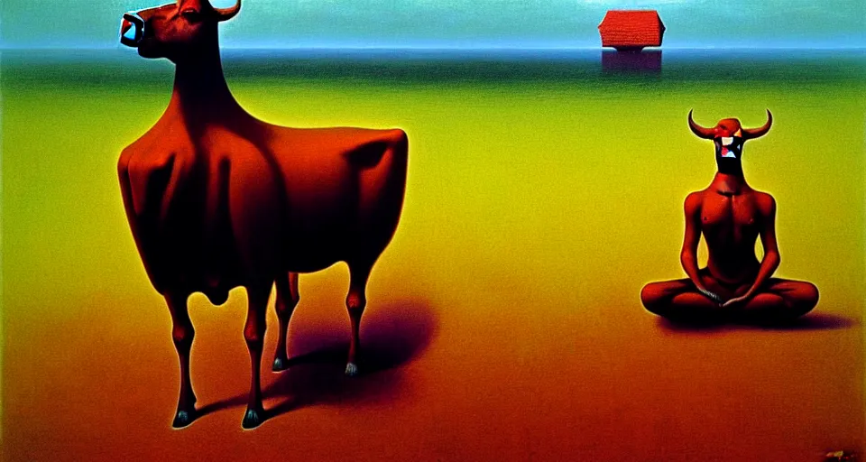 Image similar to Cow sitting in lotus position by Zdzisław Beksiński