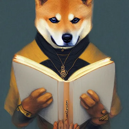 Image similar to lotus pose, anthropomorphic shiba inu, wearing for man ukrainian traditional black vyshyvanka clothes, reading book, portrait art by donato giancola and greg rutkowski, realistic face, digital art, trending on artstation, symmetry